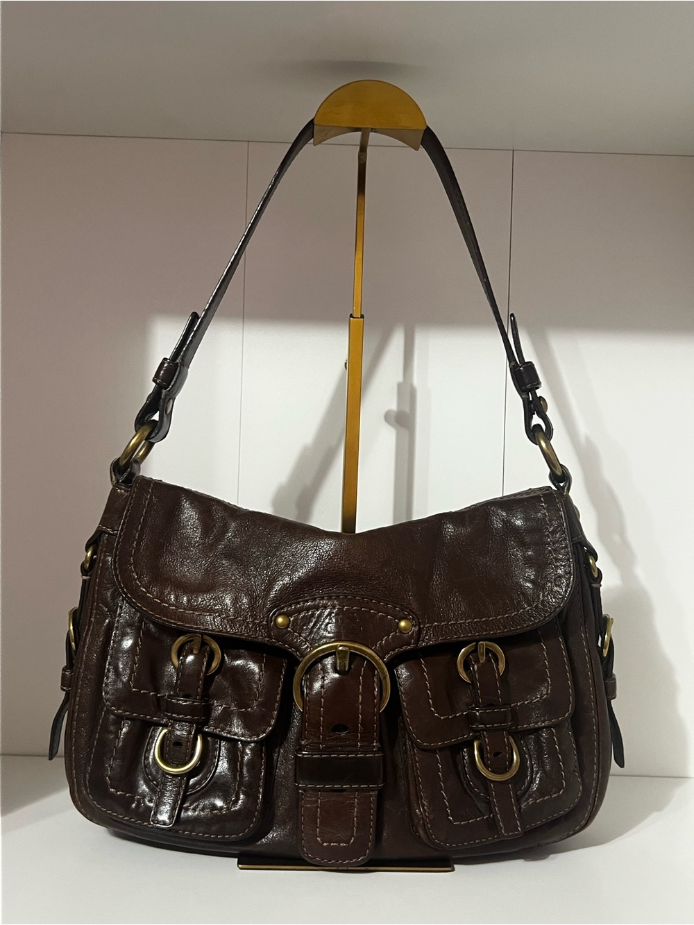 Coach Dark Brown Leather Shoulder Bag with Buckle Accents